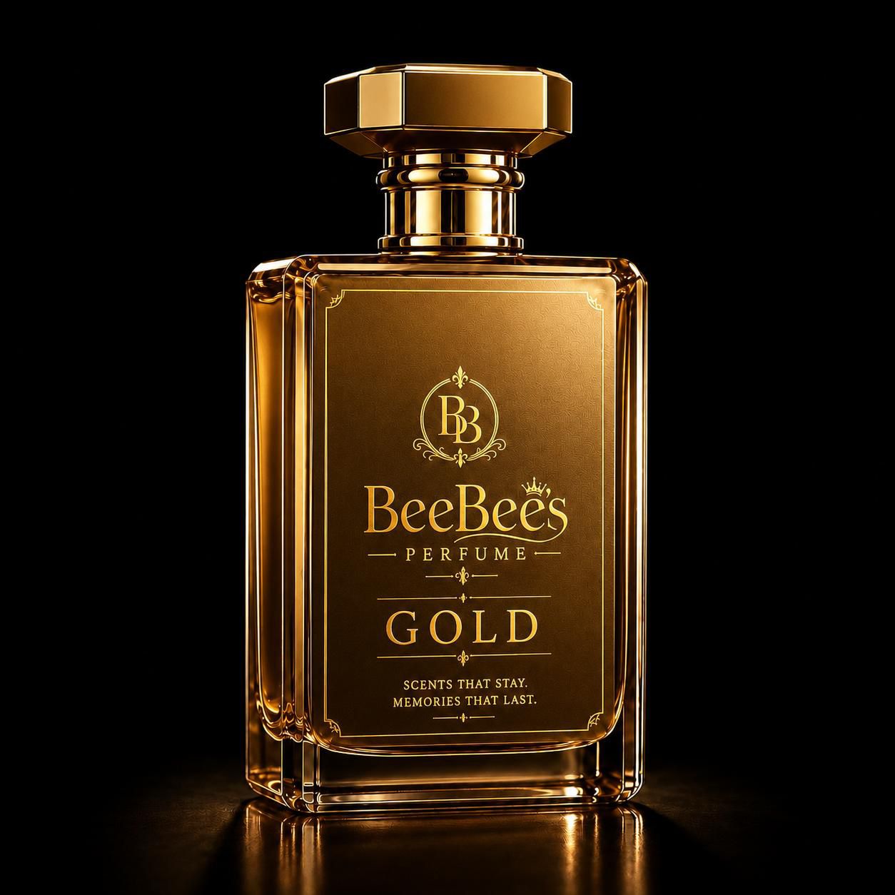 BeeBees Gold 50 ml fragrance bottle on a dark background